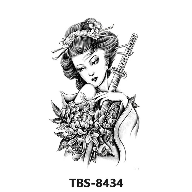 Waterproof temporary tattoo stickers, full sleeve geisha temporary tattoo stickers, large image, black and white, color, full sleeve tattoo, 1 piece.